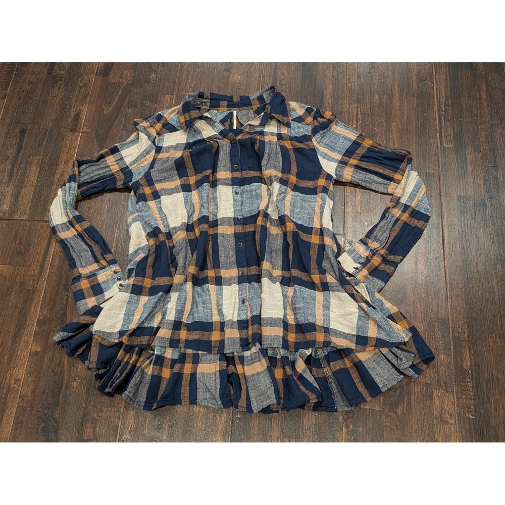 Free People Shirt Womens‎ Small Navy Plaid Ruffle Hem Button Tunic OB412734